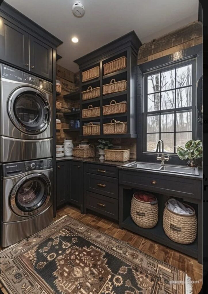 Dark laundry room with rustic elements and wicker baskets