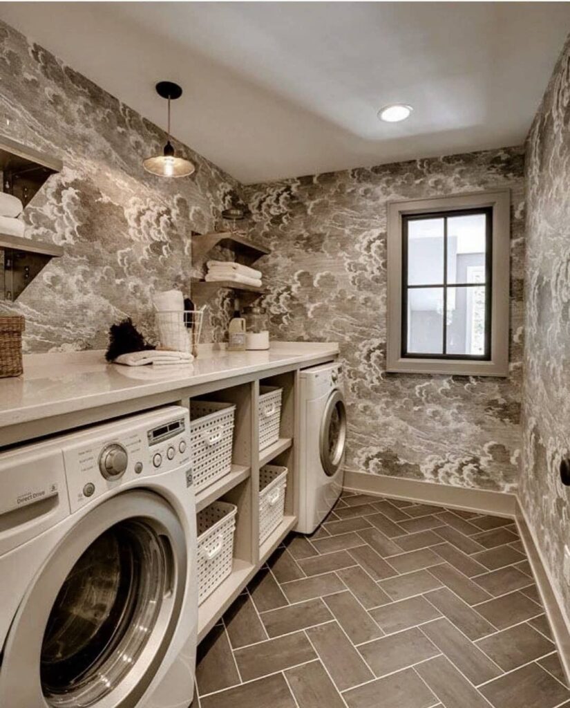 Laundry room with cloud wallpaper and built-in storage.