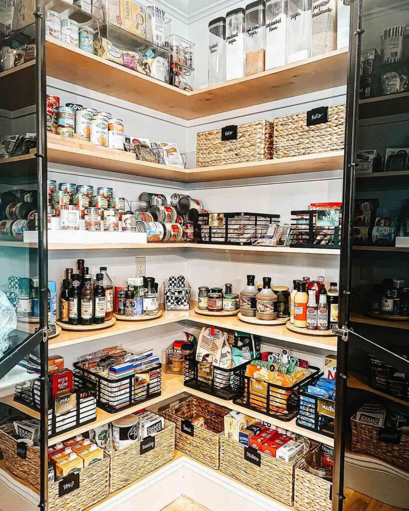 Organized corner pantry with baskets and shelves