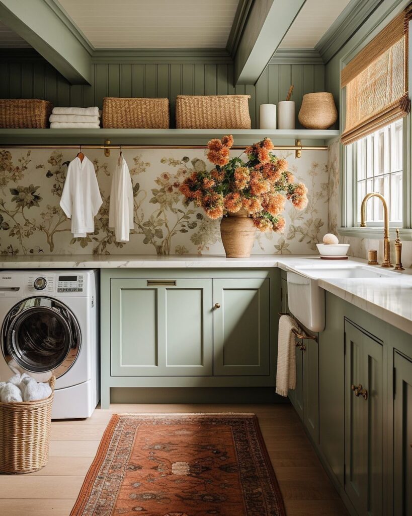 Rustic green laundry room with floral decor and vintage rug.