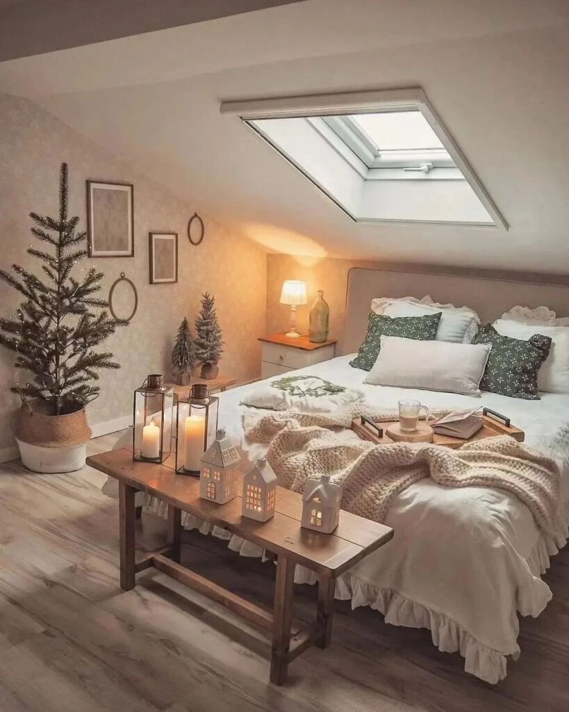 Attic bedroom with cozy decor and festive touches