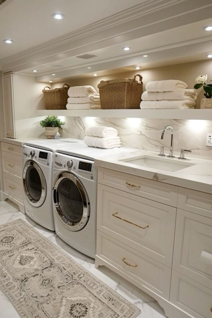 Elegant white laundry room with open shelving