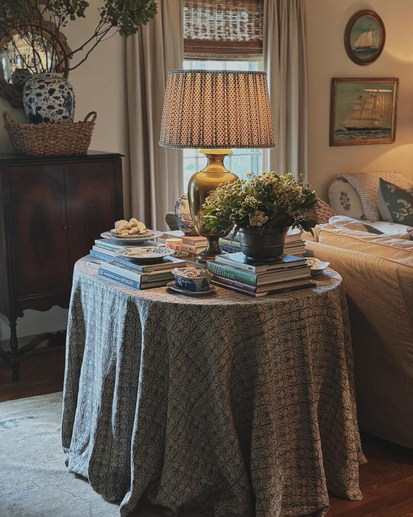 Cozy reading nook with lamp books and snacks