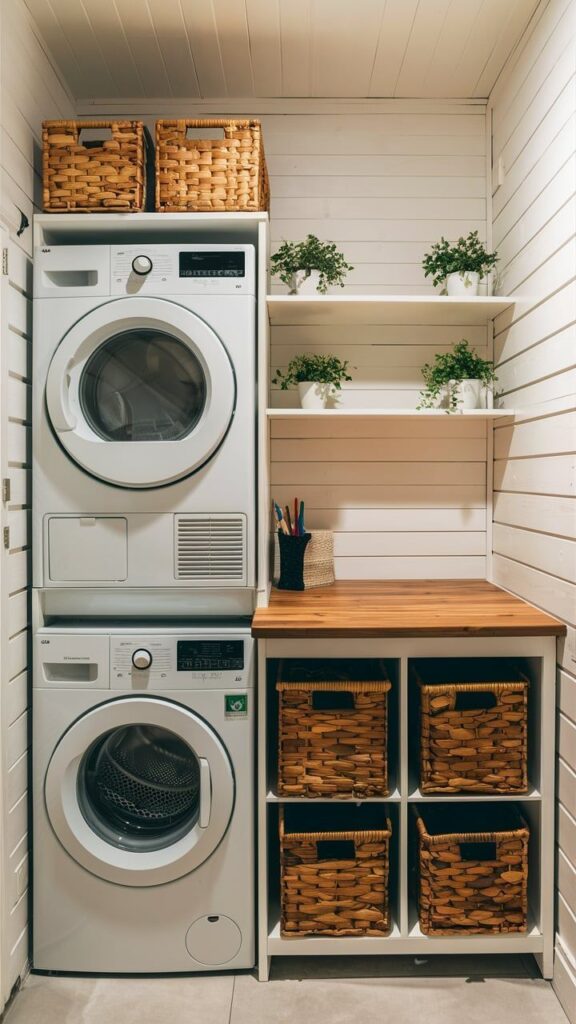 Compact farmhouse laundry room with stacked machines.