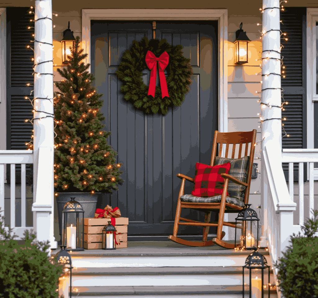 Christmas porch with wreath lit tree and rocking chair