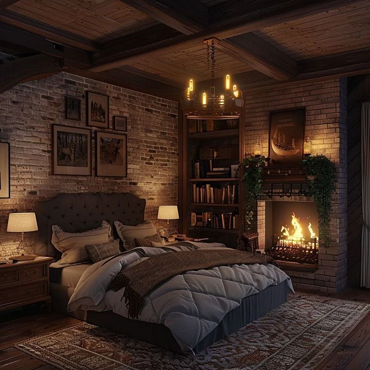 Rustic bedroom with fireplace and bookshelves