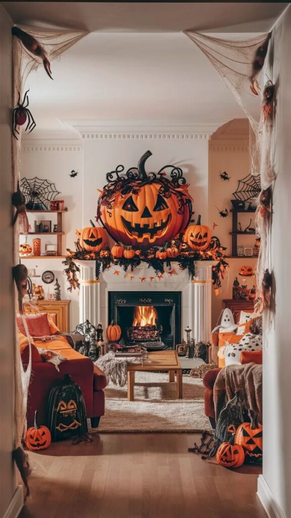 Halloween living room with giant pumpkin over fireplace and cozy seating