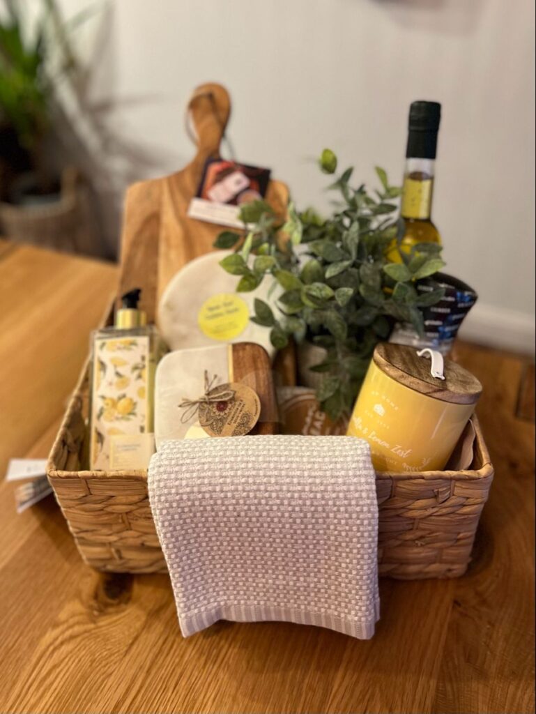 Woven basket with kitchen essentials and decor.