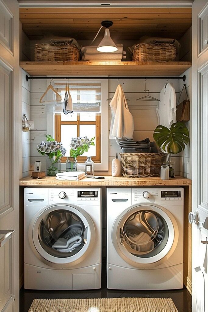 Compact farmhouse laundry room with wooden accents.