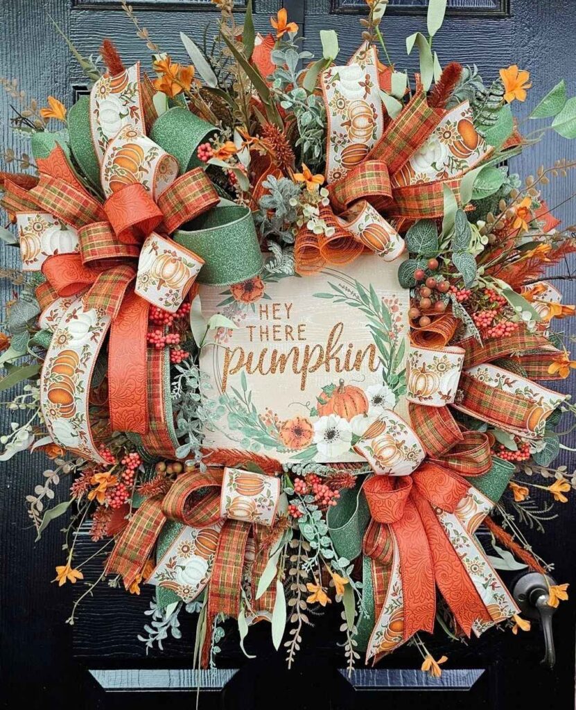 Autumn wreath with ribbons pumpkin patterns and Hey there pumpkin sign