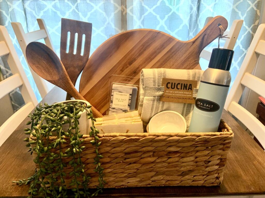 Woven basket with cooking utensils and kitchen accessories.