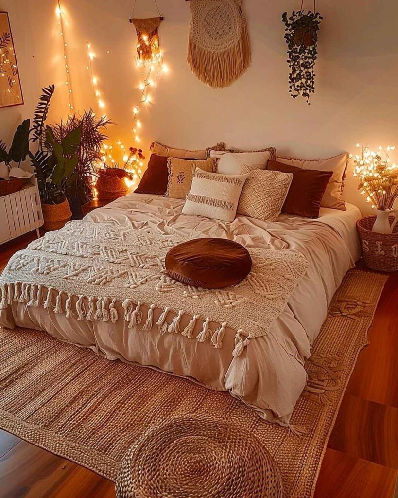 Boho bedroom with white bedding fairy lights and woven decor.