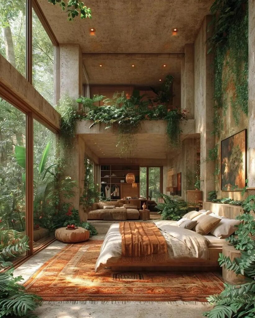 Bedroom with glass walls surrounded by forest and indoor plants.