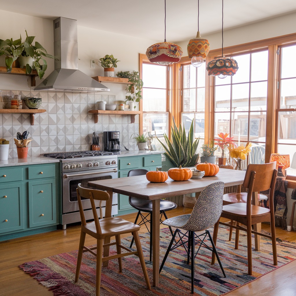 Bohemian kitchen with pumpkins and colorful decor