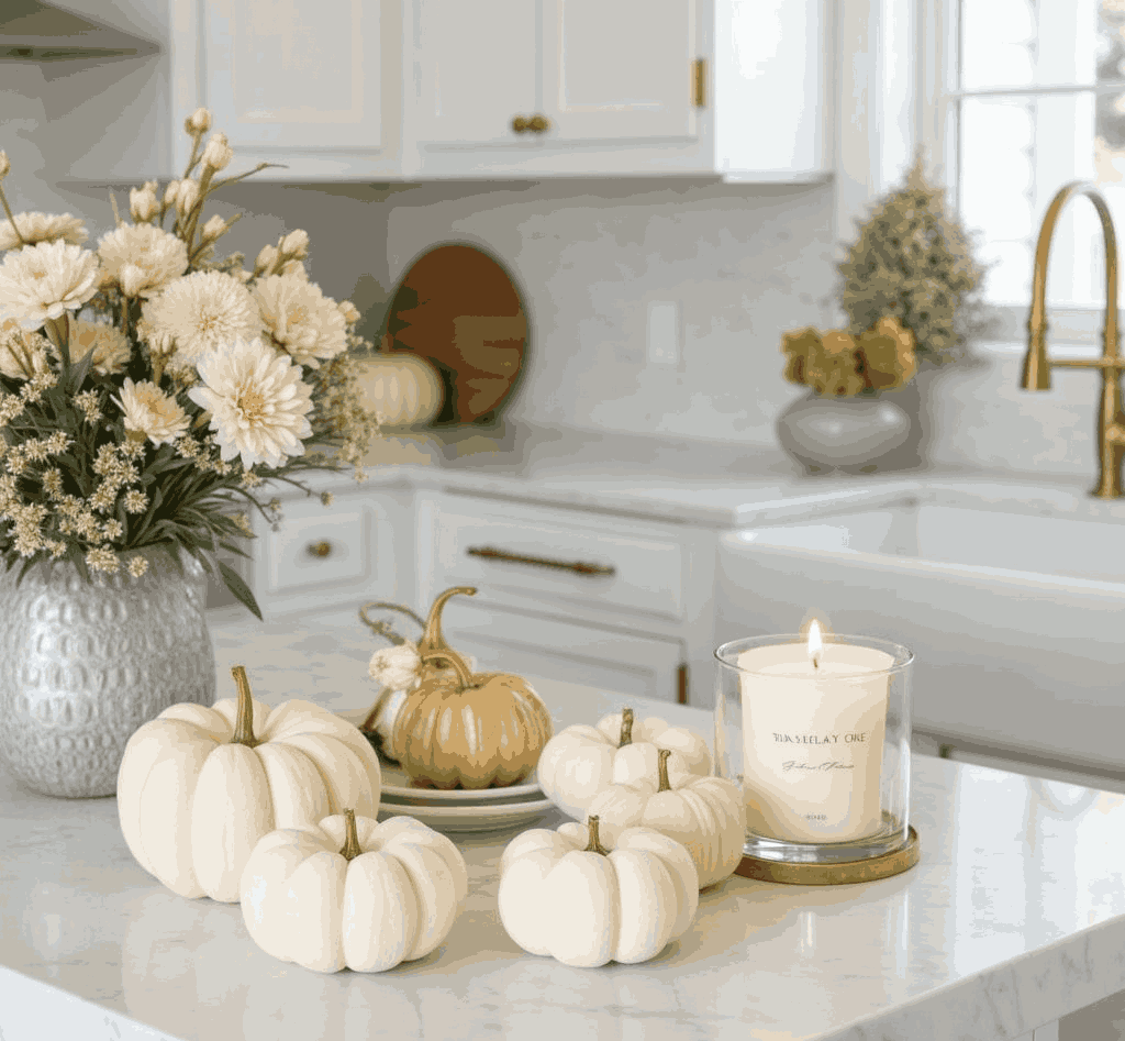 "Chic fall kitchen with white pumpkins"