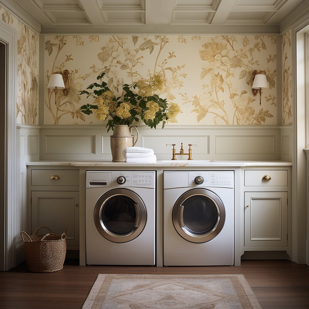 Luxurious laundry room with floral wallpaper and marble countertops