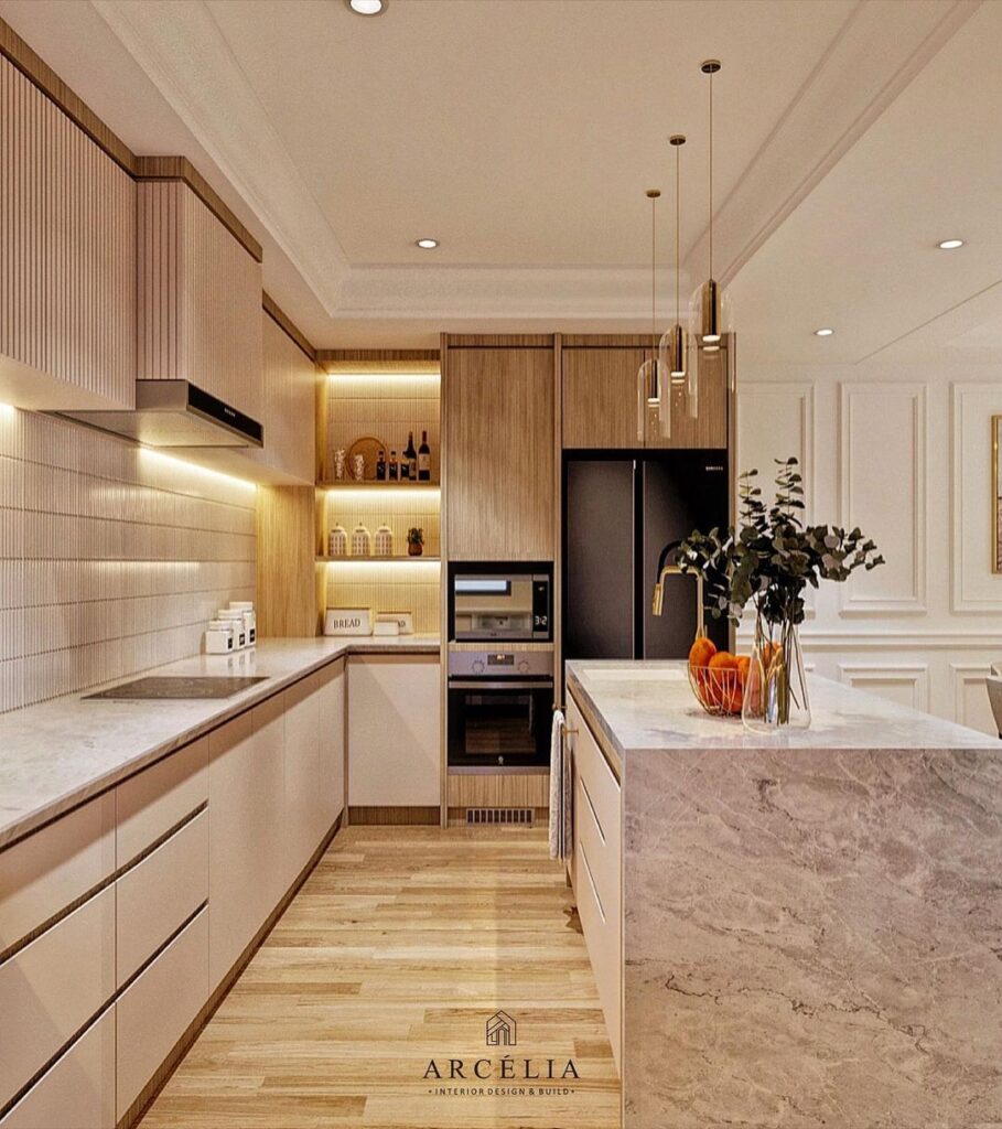 Luxurious modern kitchen with wooden elements