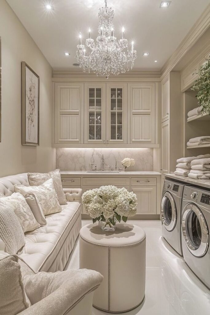 Luxurious white laundry room with crystal chandelier.