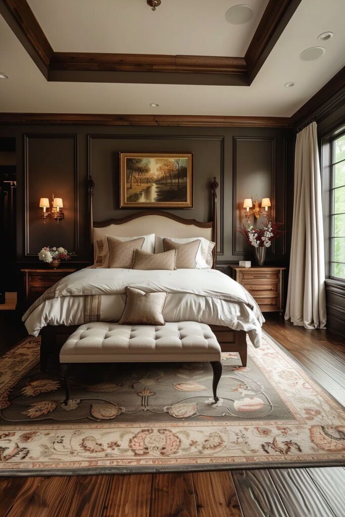 Luxurious vintage bedroom with dark walls and white bed