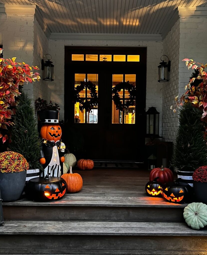 Illuminated Halloween porch with jack-o'-lanterns, pumpkins, and autumnal decor.