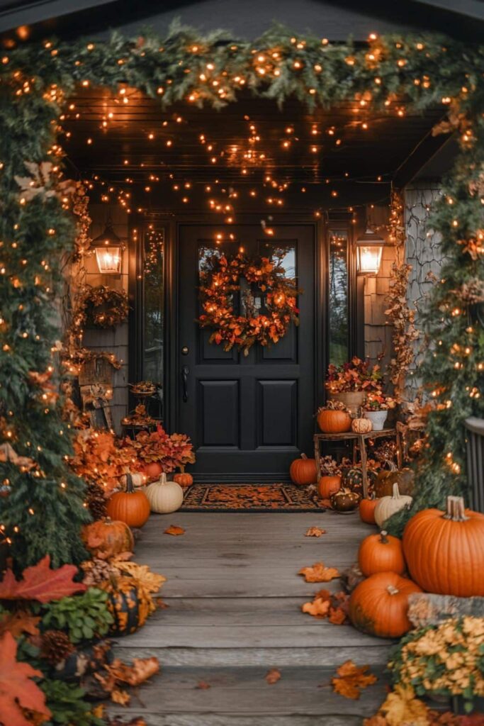 Illuminated fall porch with pumpkins and greenery.