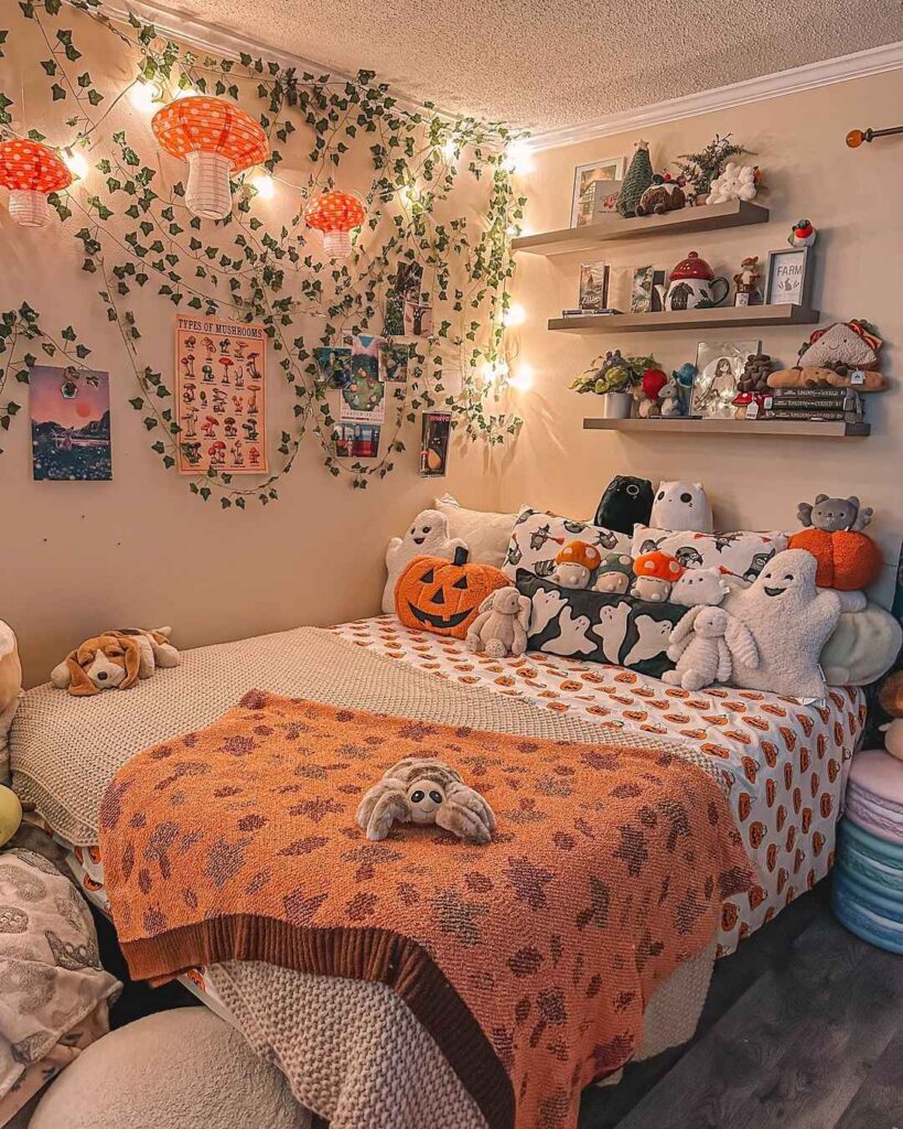 Cozy bedroom with autumn theme plush toys and woodland decor.