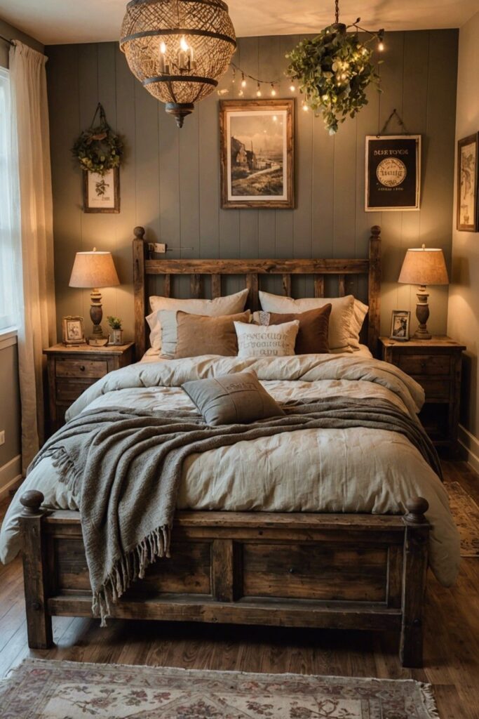 Cozy rustic bedroom with warm lighting