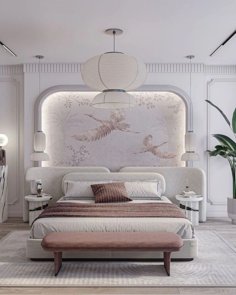 Elegant bedroom with crane mural headboard and soft lighting