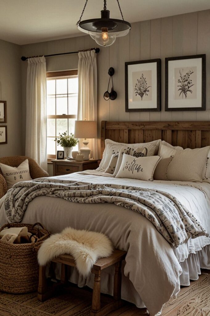 Cozy farmhouse bedroom with neutral colors