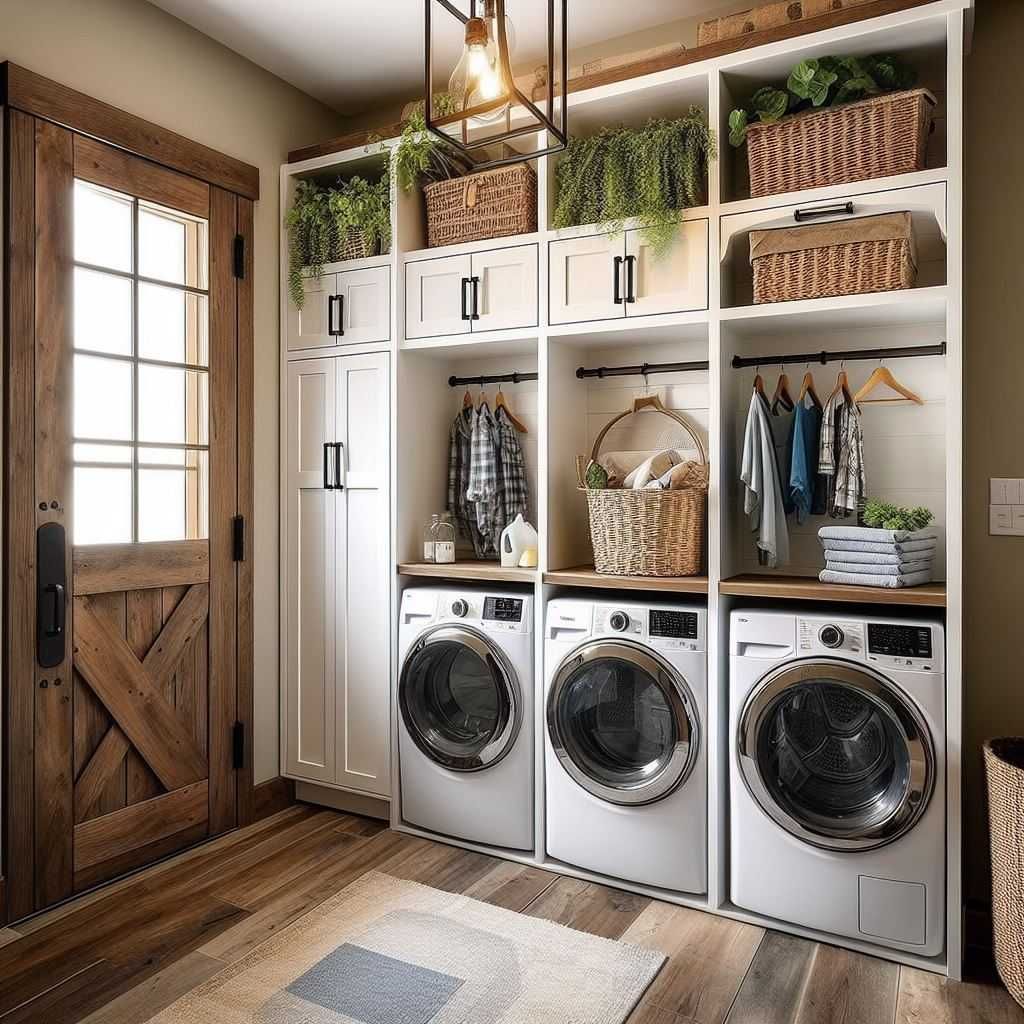 Rustic laundry room with barn door white cabinets and hanging plants above washers.