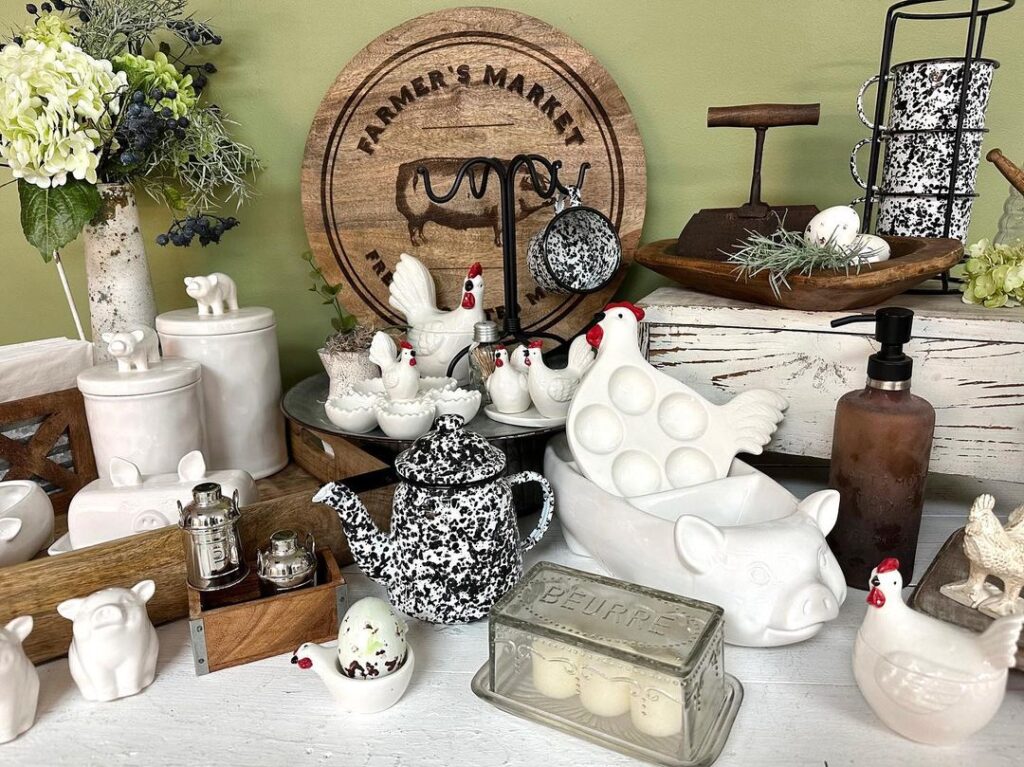 Farmhouse kitchen decor with chicken figurines and rustic accessories