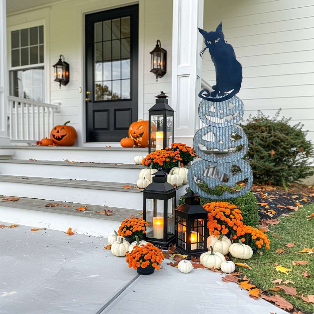 Porch decorated with Halloween pumpkins mums and metal cat sculpture