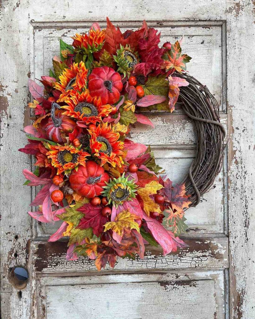 Colorful fall wreath with sunflowers pumpkins and red leaves on rustic door