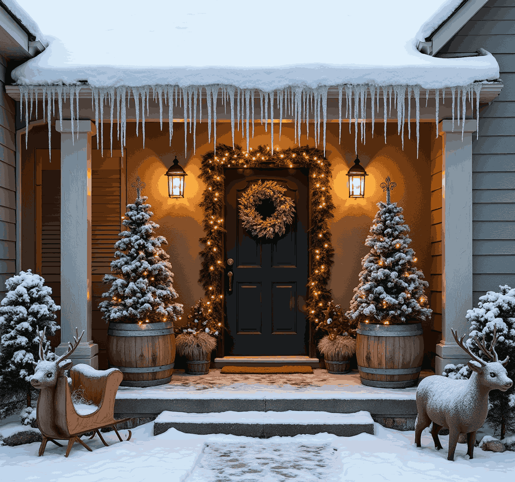 Icy Christmas porch with lit trees wreath and reindeer figures