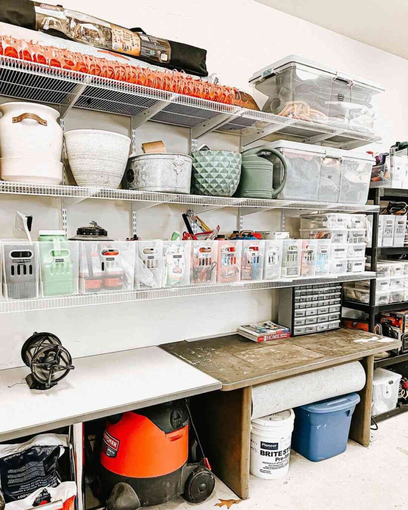 Organized garage with shelves and clear bins