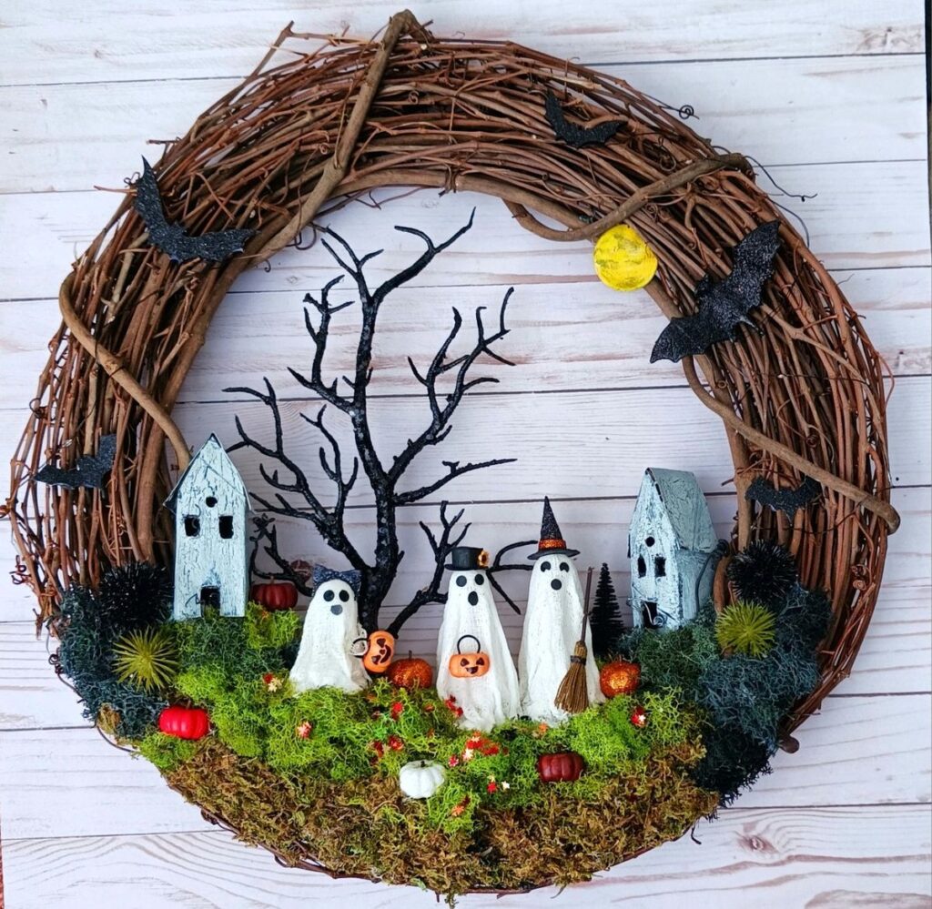 Vine wreath with ghost village and Halloween scene