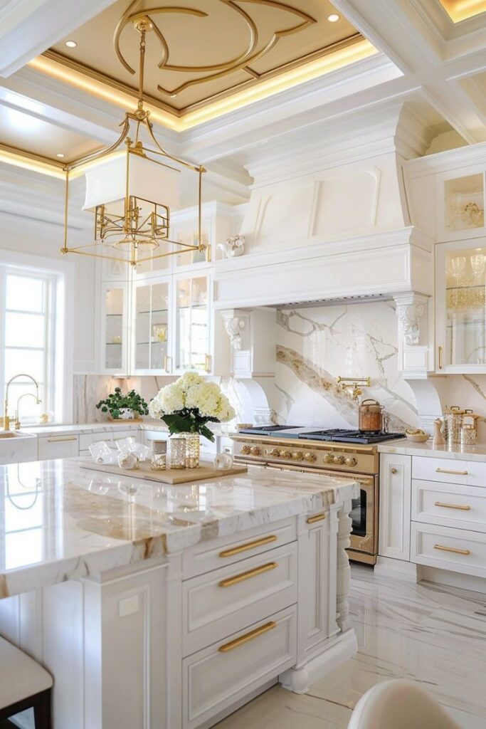 Bright white kitchen with gold accents and ornate ceiling.