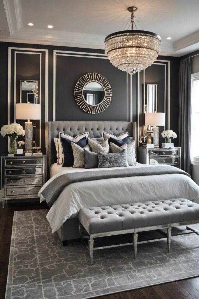 Luxurious gray bedroom with crystal chandelier, tufted headboard, and mirrored furniture.