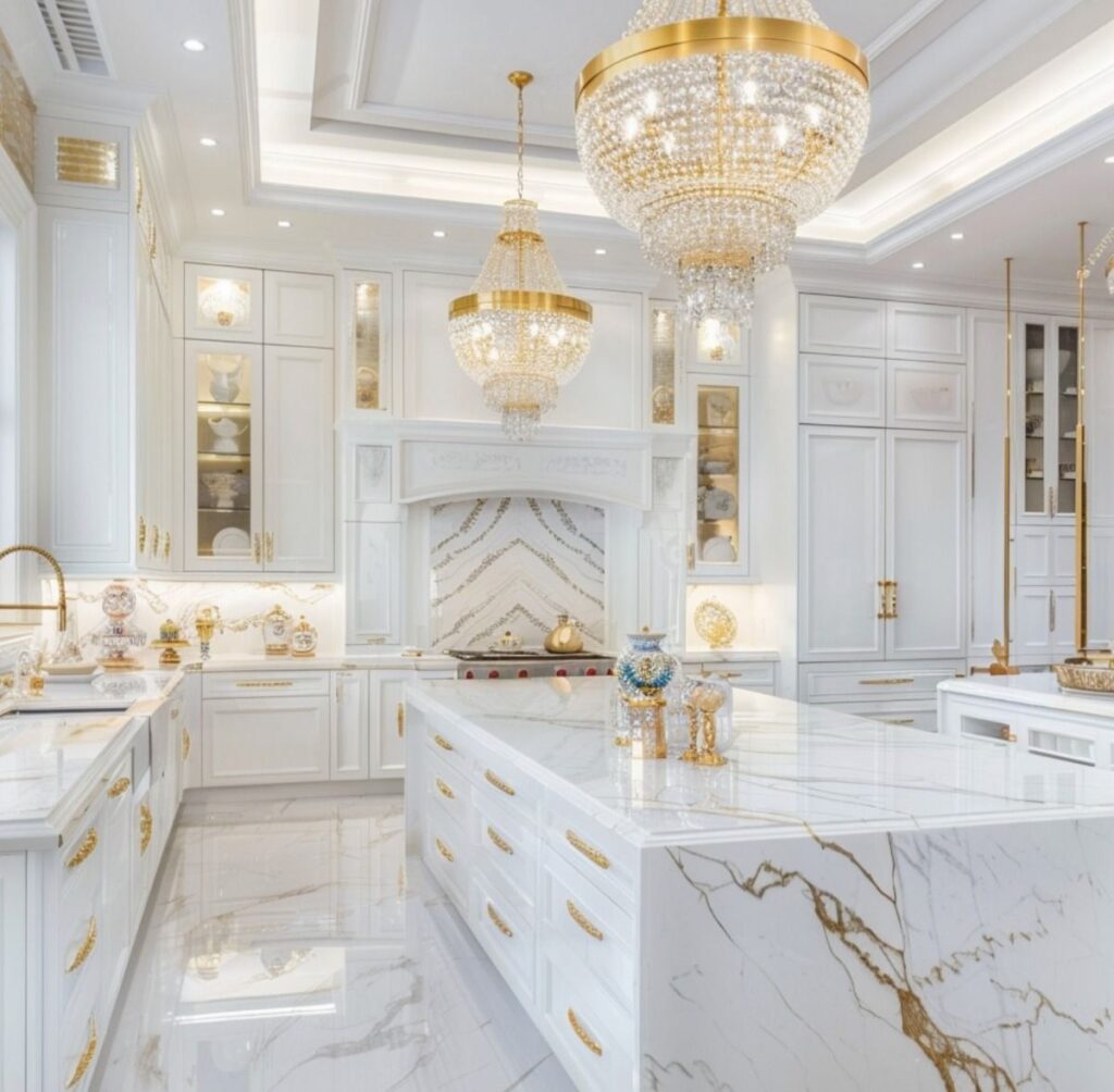 Luxurious white kitchen with gold accents and chandeliers.