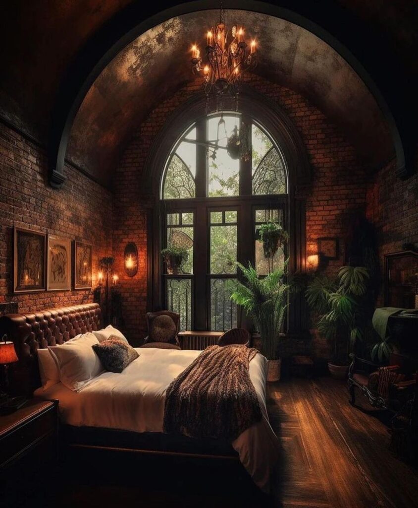 Gothic-inspired bedroom with arched window and brick walls