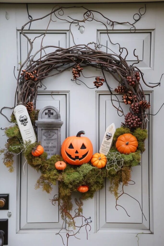 Rustic Halloween wreath with pumpkins and gravestones.