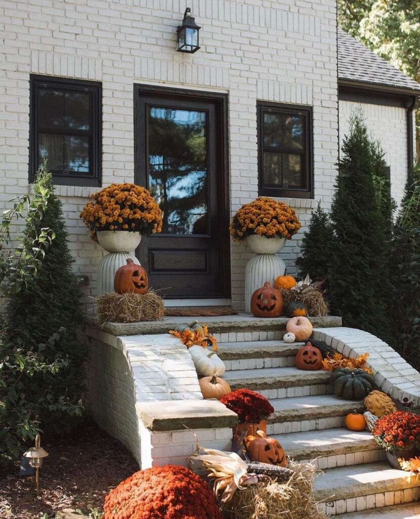 Cream brick entrance decorated with autumn flowers and pumpkins