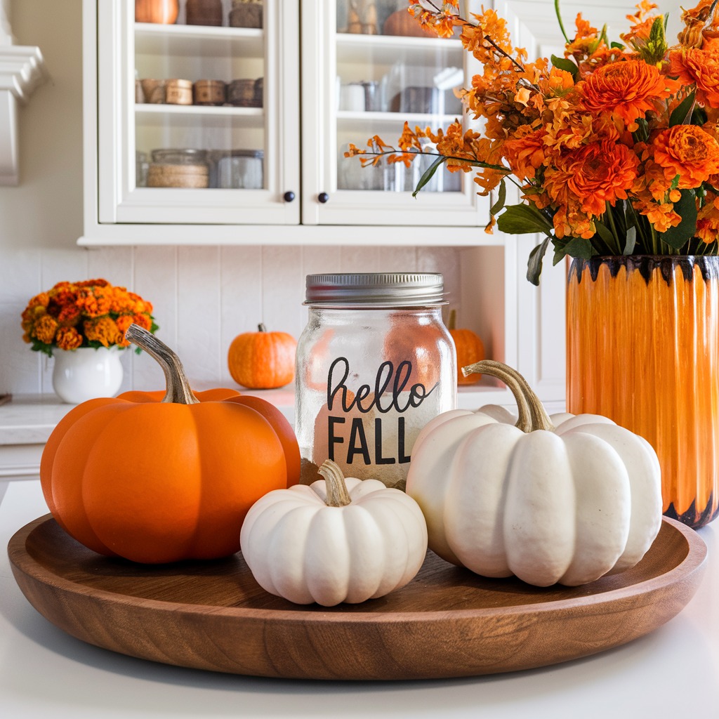 Pumpkins and fall flowers on kitchen counter