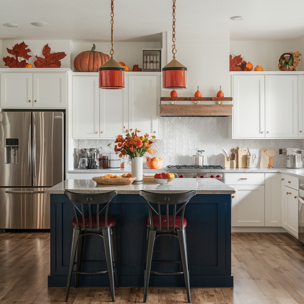  Modern white kitchen with fall decor and navy island