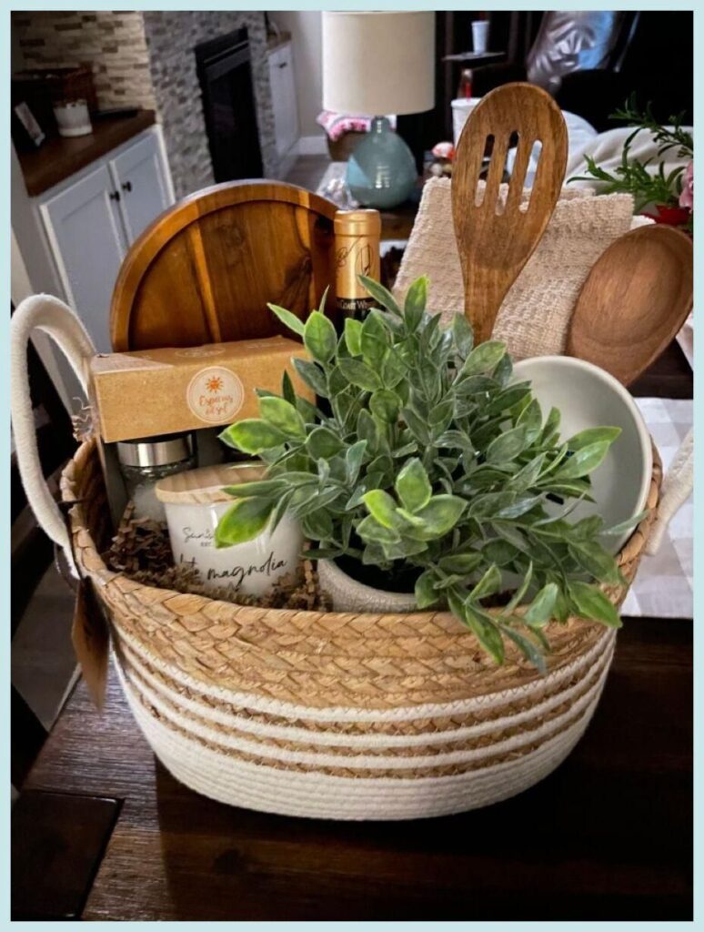 Woven basket with kitchen items and potted plant.