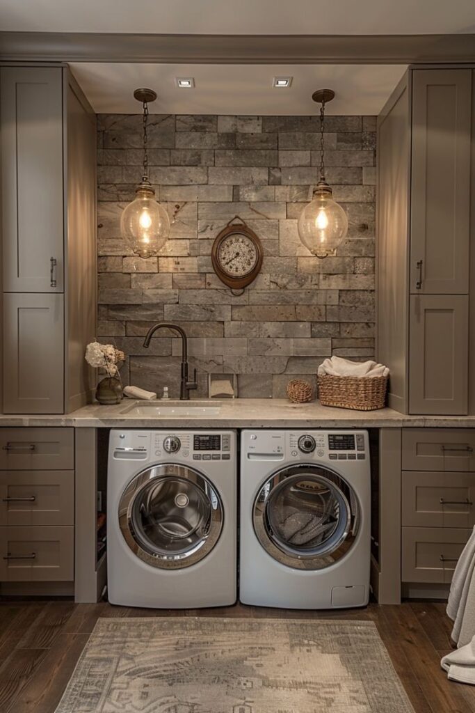 Elegant laundry nook with stone accent wall and pendant lights