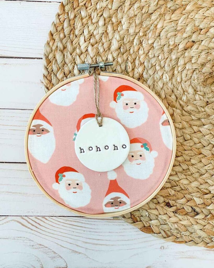 Embroidery hoop with Santa fabric and clay tag