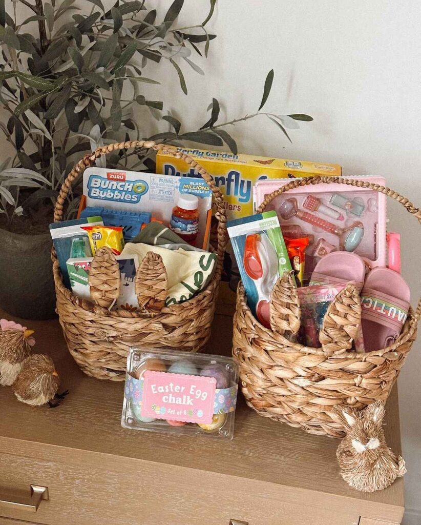 Wicker baskets with childrens toys and Easter items