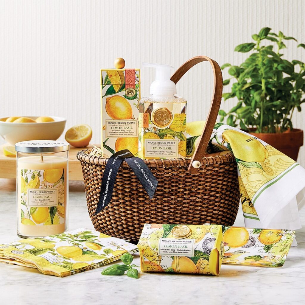 Woven basket with lemon-basil scented products and kitchen accessories.