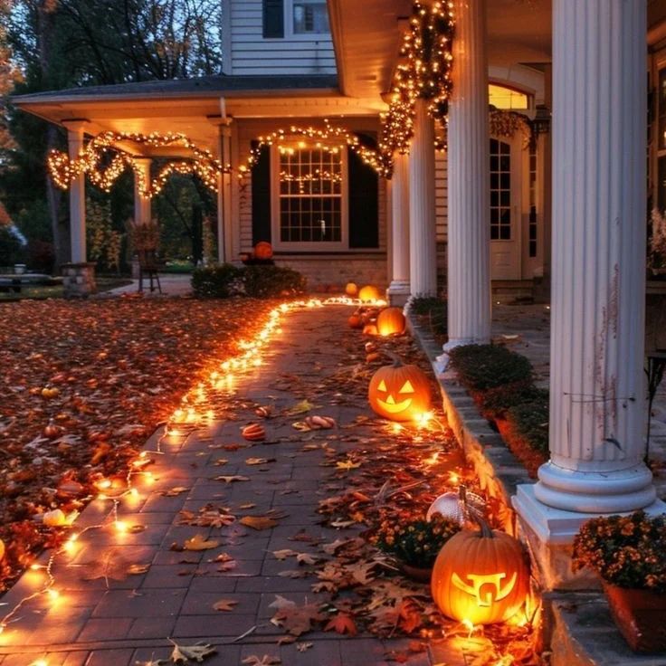 Illuminated walkway with pumpkins and autumn decorations